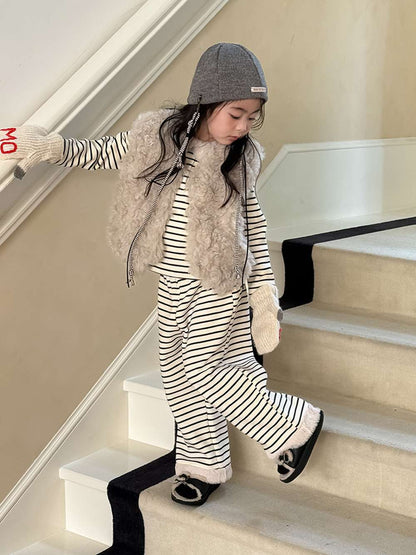 長袖ボアトップス+ロングパンツ 裏起毛ボーダー セットアップ 2点セット【mh0011458】