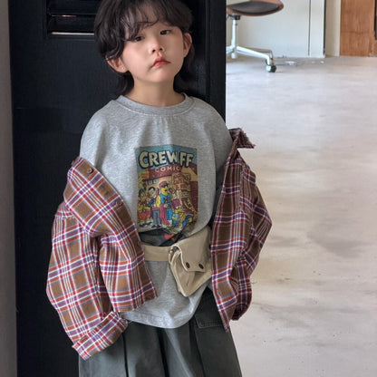 Camisa de manga larga con corte irregular, estampado a cuadros, camiseta de manga larga con letras estampadas y pantalón cargo para niños y jóvenes 【mh0014438】