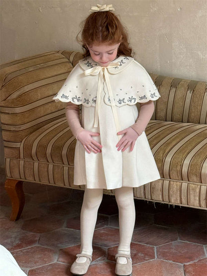 Ribbon embroidered cape + box pleated dress set (2-piece set) [mh0011452]