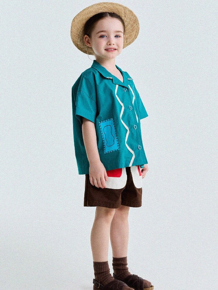 Retro Color-Blocking Short-Sleeved Cotton Shirt レトロ 半袖シャツ【mh0013207】