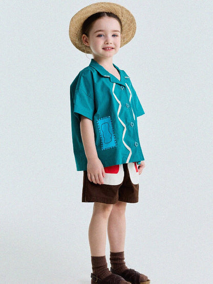 Retro Color-Blocking Short-Sleeved Cotton Shirt レトロ 半袖シャツ【mh0013207】