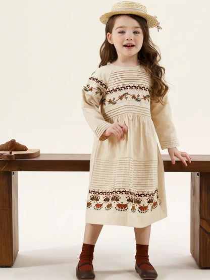 -長袖ワンピース 麻混素材 刺繍 ボヘミアン ギャザー フレア 森ガール【mh0011303】 - mamahalo shop - 長袖ワンピース -  べビー服 - 子供服 - 男の子 - 女の子