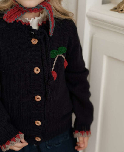 Long-sleeved cardigan with cherry crochet pattern and knit buttons, lightweight wool [mh0011554]