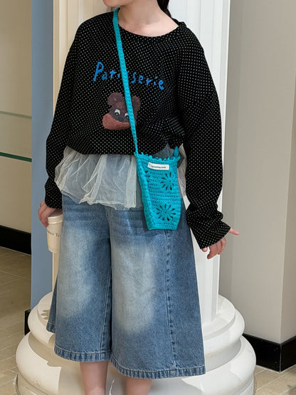 Polka Dot Cartoon Letter T-Shirt ドット柄キャラクター長袖Tシャツ【mh0012106】