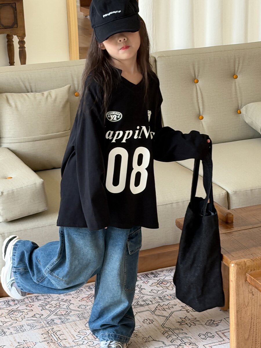 キッズ ジュニア 数字 英字 プリント ルーズ ビッグシルエット 長袖 Tシャツ【mh0014473】