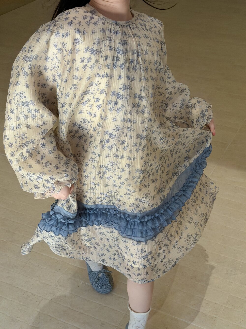 Spliced Lace Puff Sleeve Dress レース切替パフスリーブワンピース【mh0012104】