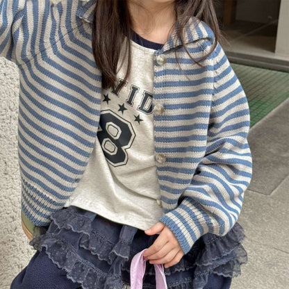 ボーダーニットカーディガン 襟付き 長袖 ボタン開閉 トップス【mh0011431】