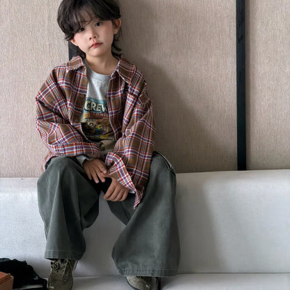 Camisa de manga larga con corte irregular, estampado a cuadros, camiseta de manga larga con letras estampadas y pantalón cargo para niños y jóvenes 【mh0014438】