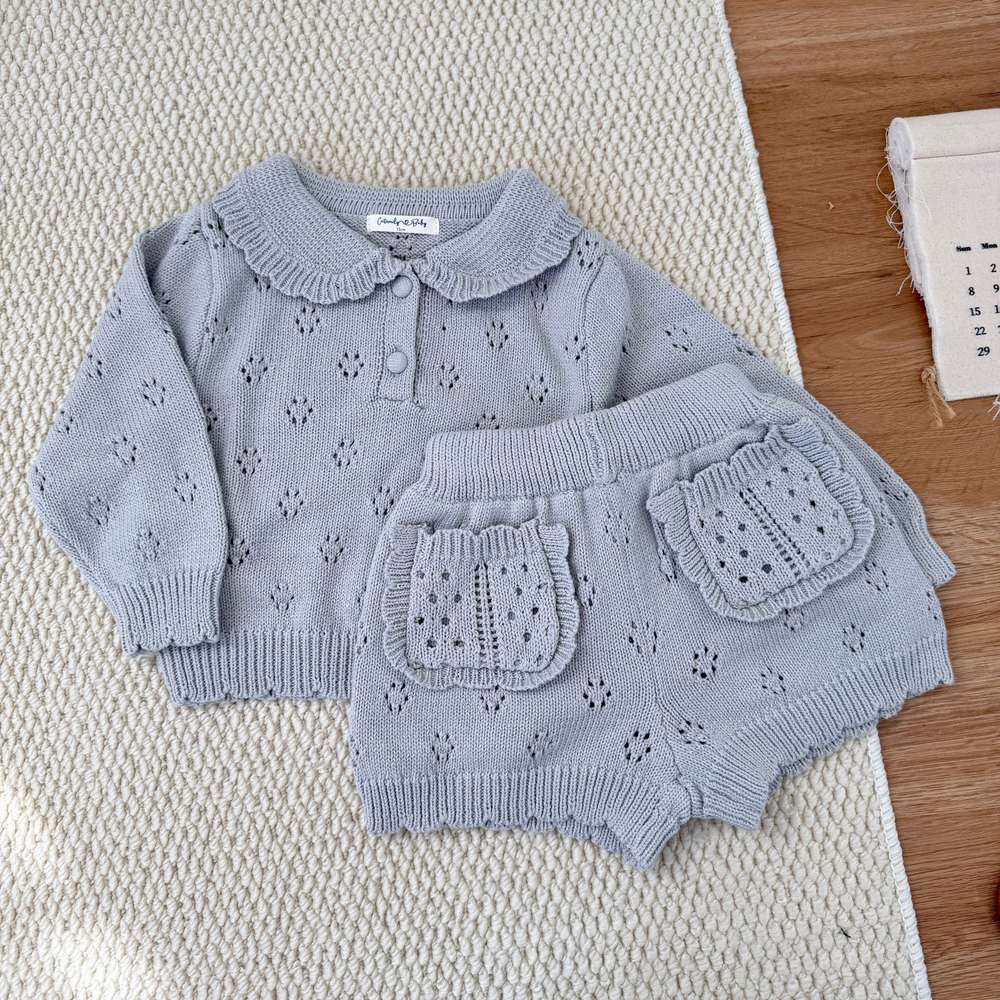 長袖ニットトップス+ショートパンツ 透かし編み レース襟付き セットアップ 2点セット【mh0011511】