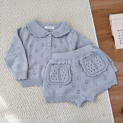 長袖ニットトップス+ショートパンツ 透かし編み レース襟付き セットアップ 2点セット【mh0011511】