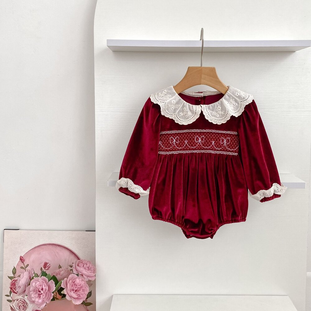 ベビー キッズ ベロア レース襟 刺繍 長袖ワンピース ロンパース【mh0014448】