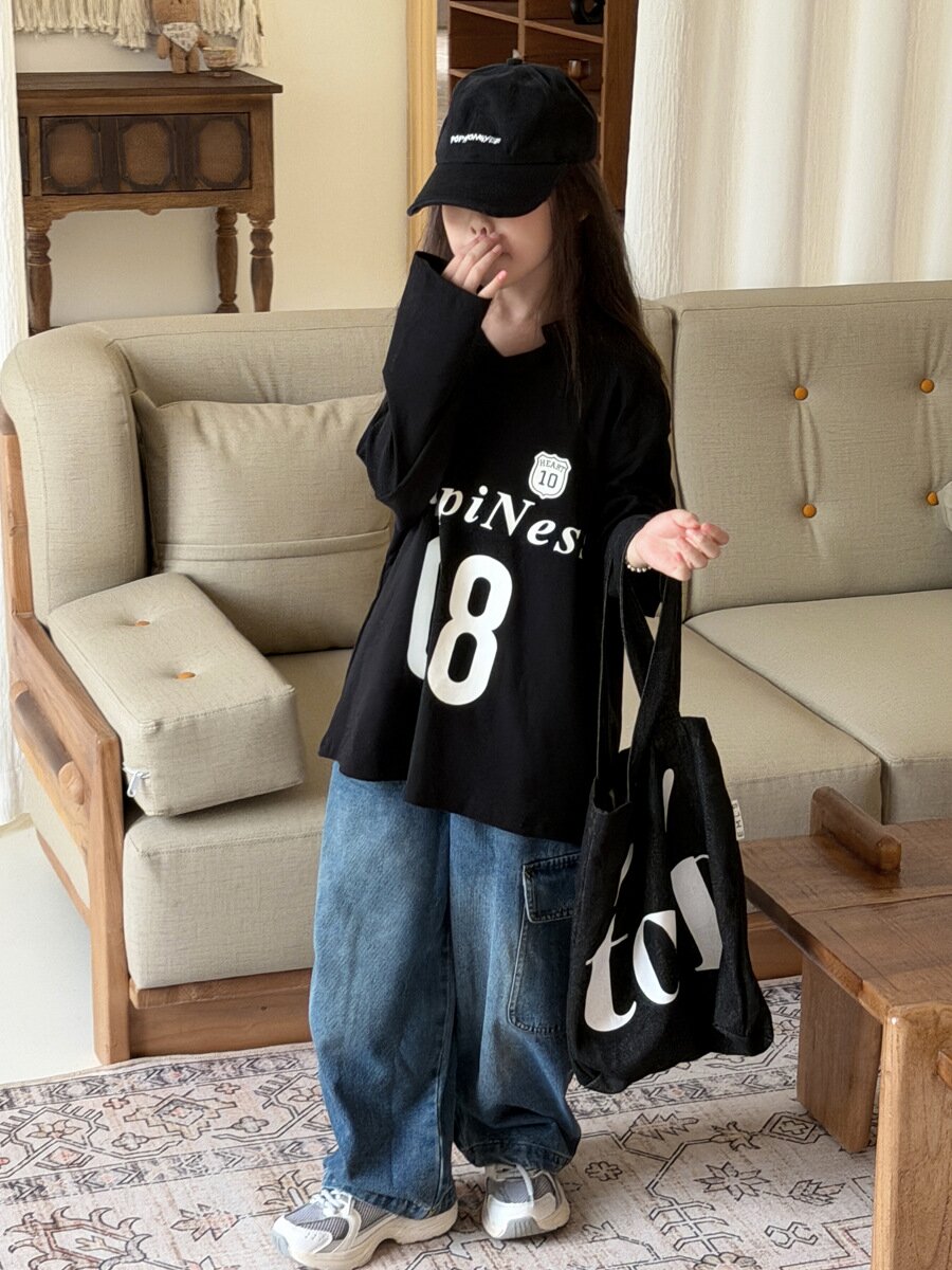キッズ ジュニア 数字 英字 プリント ルーズ ビッグシルエット 長袖 Tシャツ【mh0014473】