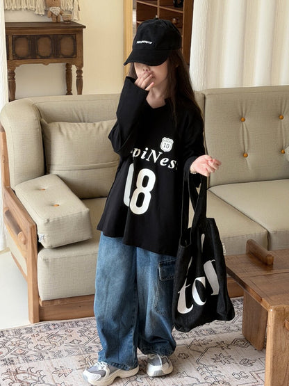 キッズ ジュニア 数字 英字 プリント ルーズ ビッグシルエット 長袖 Tシャツ【mh0014473】