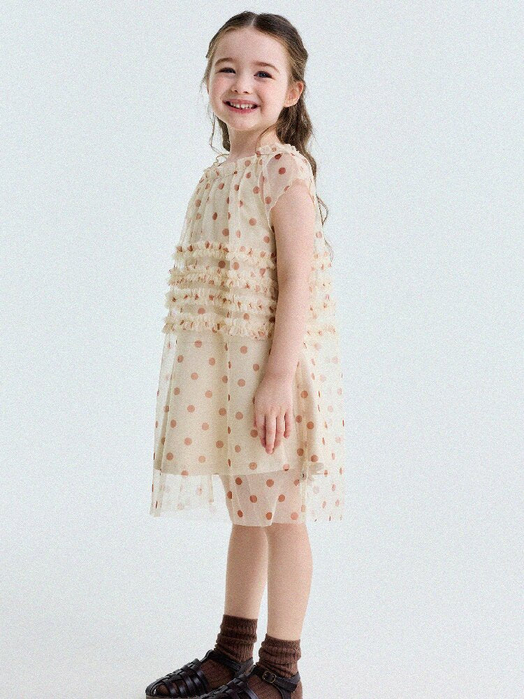 Polka Dot Ruffle Mesh Dress チュール フレンチスリーブワンピース【mh0013199】
