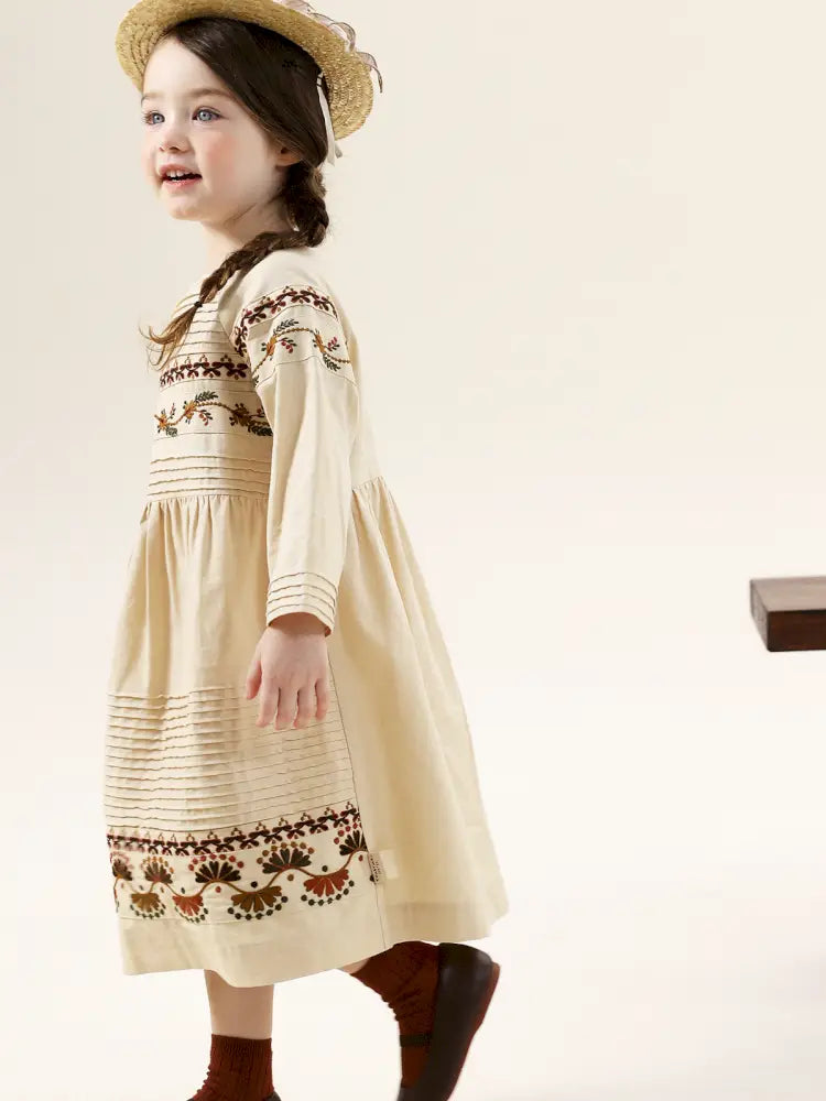 -長袖ワンピース 麻混素材 刺繍 ボヘミアン ギャザー フレア 森ガール【mh0011303】 - mamahalo shop - 長袖ワンピース -  べビー服 - 子供服 - 男の子 - 女の子