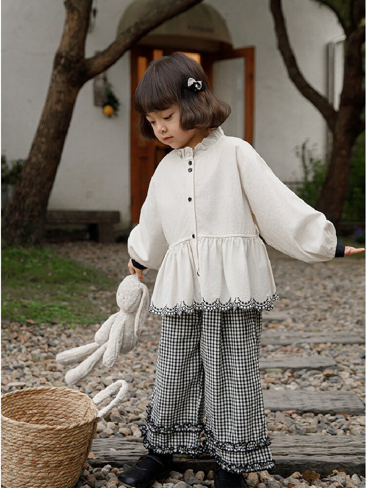 Embroidered Blouse Gingham Pants 裾刺繍 ブラウス ギンガム パンツ セットアップ【mh0012727】