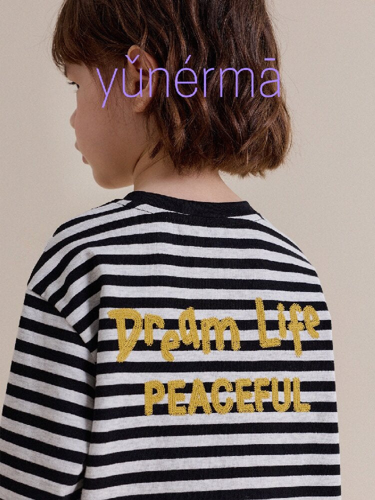 キッズ ジュニア ボーダー柄 チェーン刺繍 長袖Tシャツ【mh0014264】