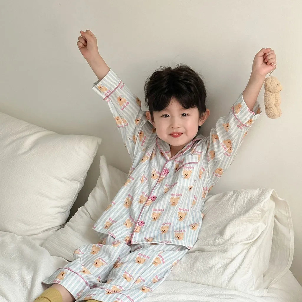 -ストライプくま/リボンプリント長袖パジャマセットアップ 2点セット【mh0011232】 - mamahalo shop - 長袖パジャマ -  べビー服 - 子供服 - 男の子 - 女の子