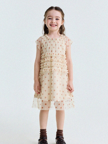 Polka Dot Ruffle Mesh Dress チュール フレンチスリーブワンピース【mh0013199】
