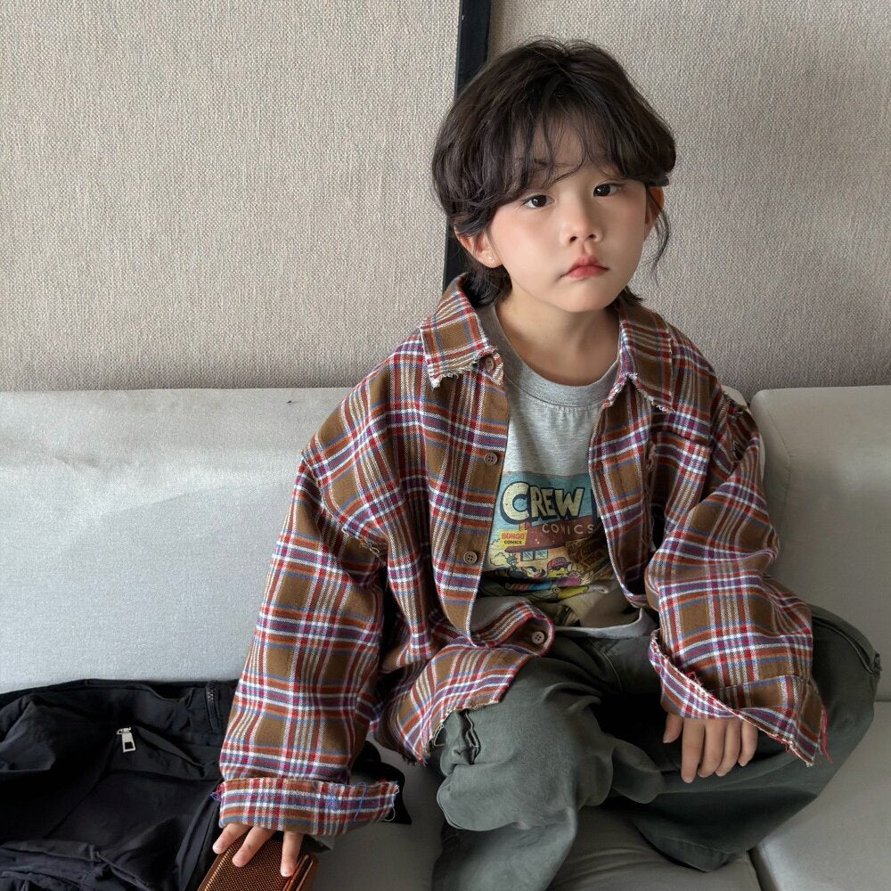 Camisa de manga larga con corte irregular, estampado a cuadros, camiseta de manga larga con letras estampadas y pantalón cargo para niños y jóvenes 【mh0014438】