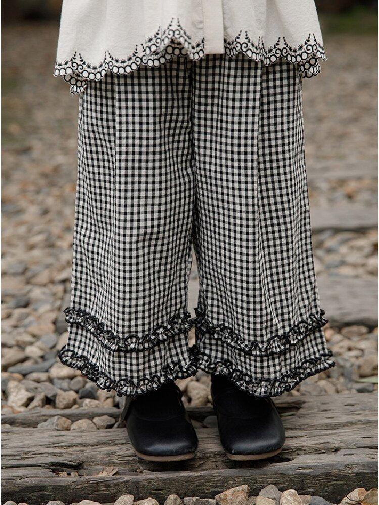 Embroidered Blouse Gingham Pants 裾刺繍 ブラウス ギンガム パンツ セットアップ【mh0012727】