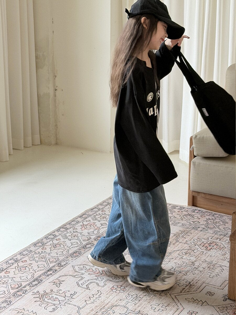 キッズ ジュニア 数字 英字 プリント ルーズ ビッグシルエット 長袖 Tシャツ【mh0014473】