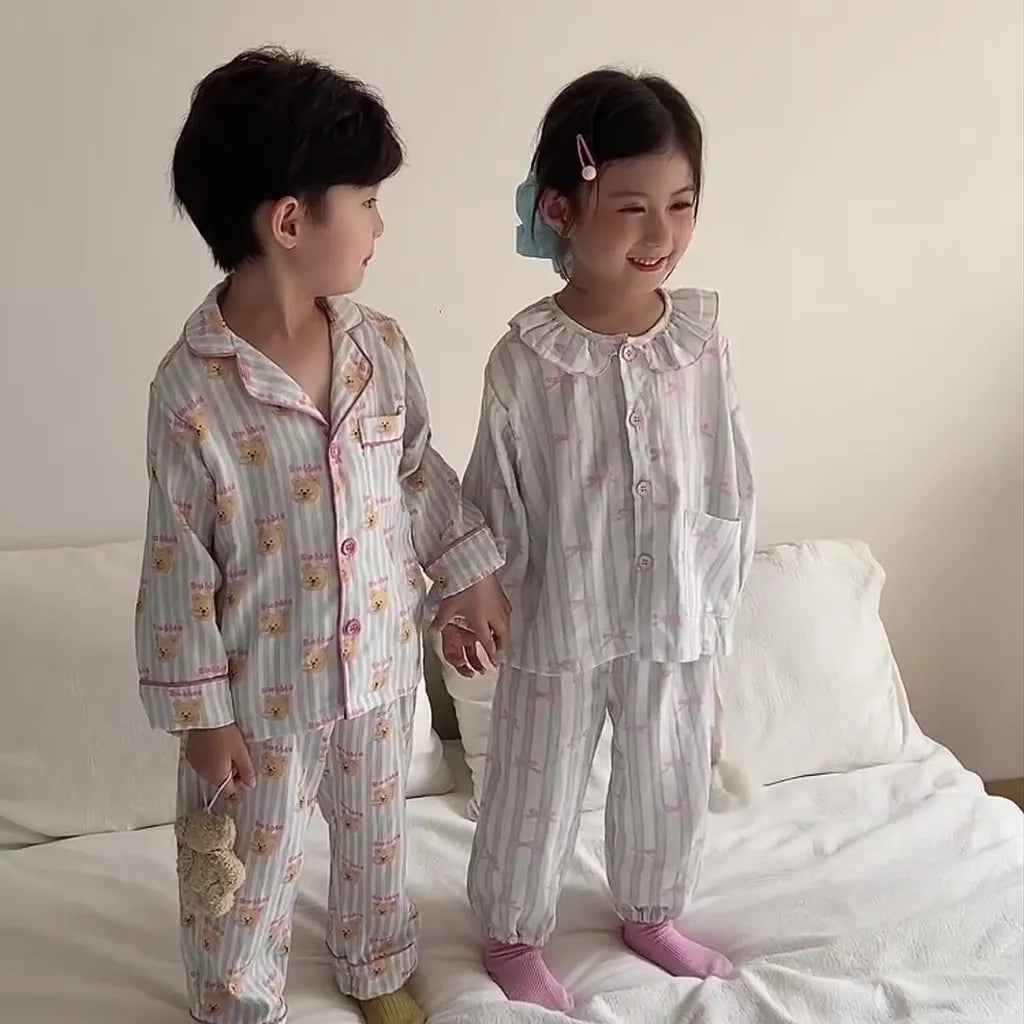 -ストライプくま/リボンプリント長袖パジャマセットアップ 2点セット【mh0011232】 - mamahalo shop - 長袖パジャマ -  べビー服 - 子供服 - 男の子 - 女の子