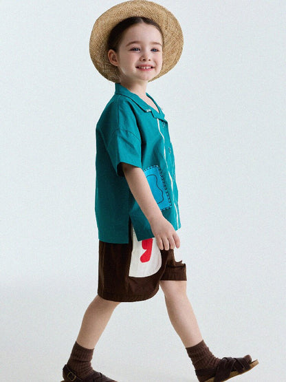 Retro Color-Blocking Short-Sleeved Cotton Shirt レトロ 半袖シャツ【mh0013207】