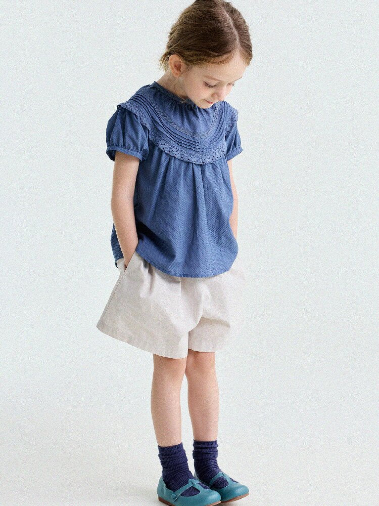 French Lace Puff Sleeve Cotton Shirt レース 半袖ブラウス【mh0013200】