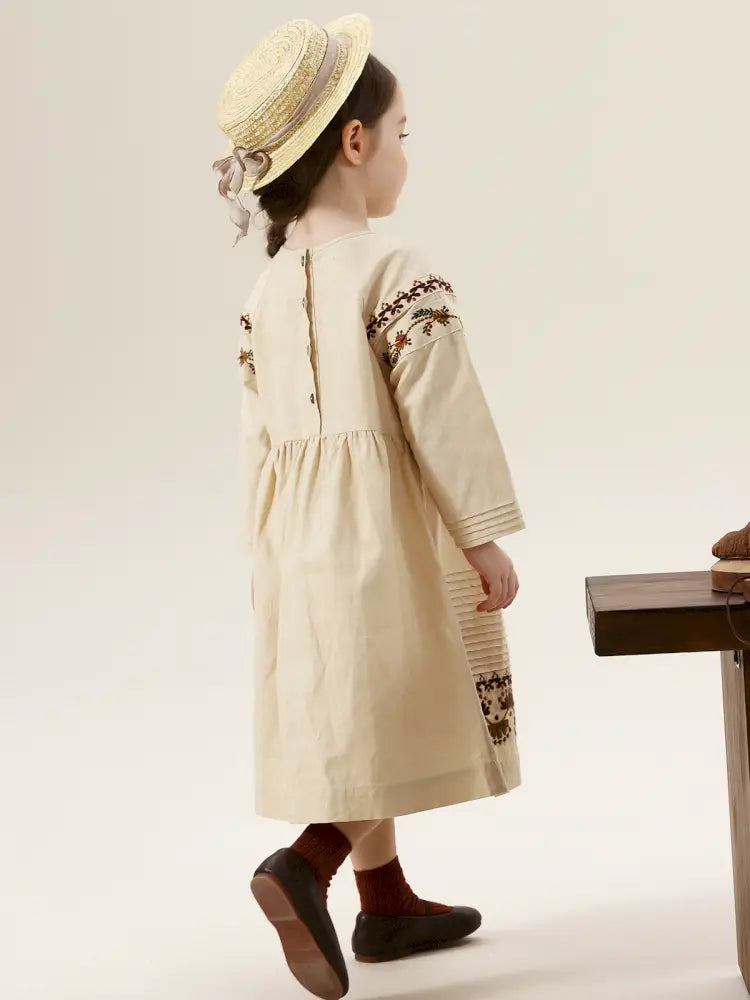 -長袖ワンピース 麻混素材 刺繍 ボヘミアン ギャザー フレア 森ガール【mh0011303】 - mamahalo shop - 長袖ワンピース -  べビー服 - 子供服 - 男の子 - 女の子