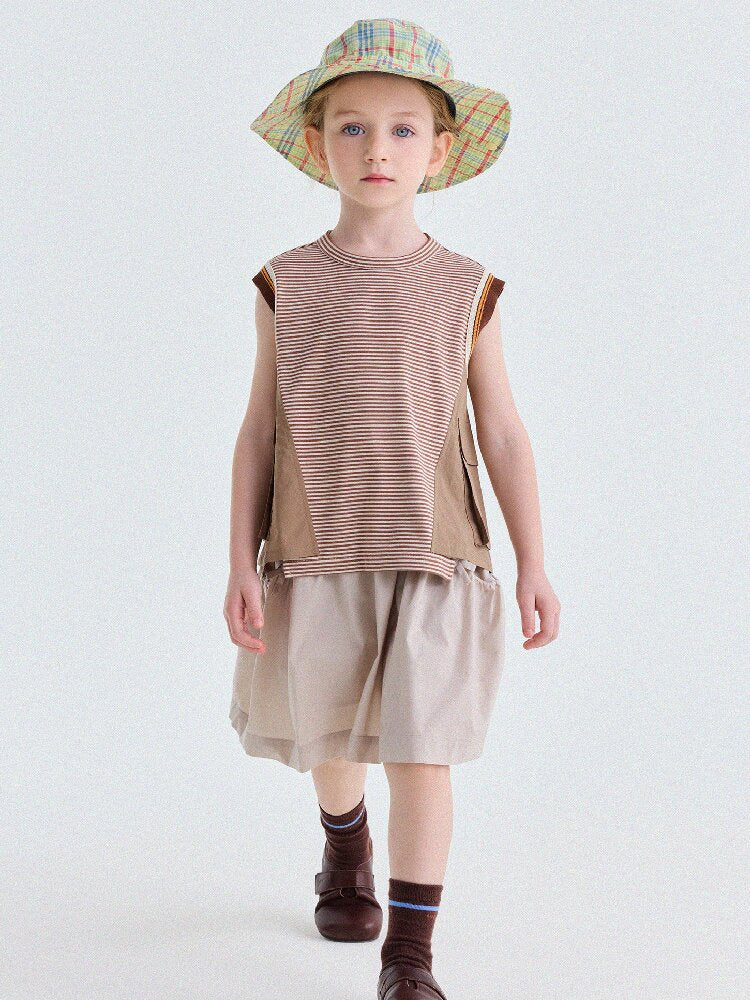 Striped Cargo Vest Cotton T-shirt Camiseta sin mangas de rayas【mh0013203】