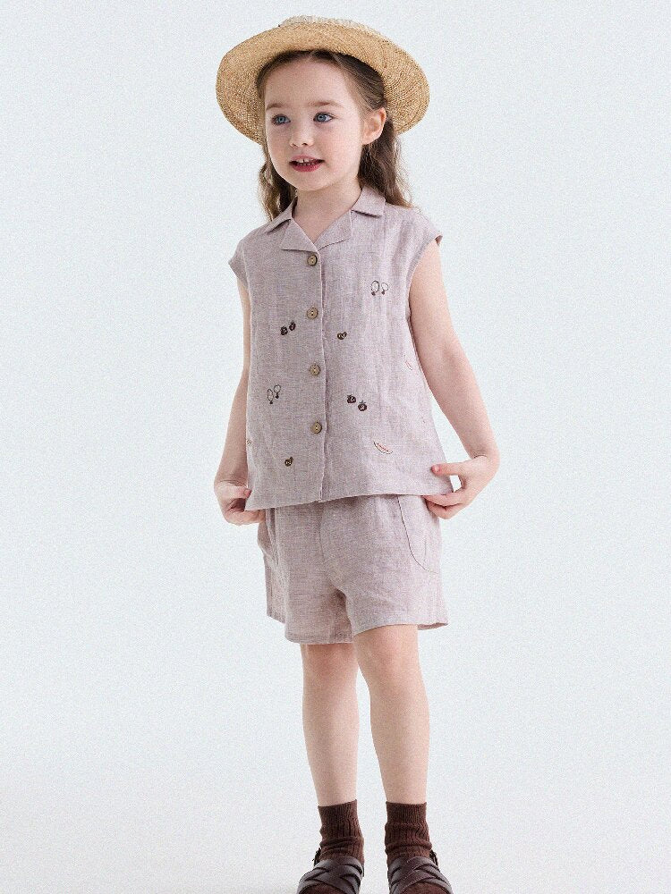 Embroidered Linen Sleeveless Shirt Shorts フルーツ刺繍 ノースリーブシャツ ショートパンツ【mh0013187】