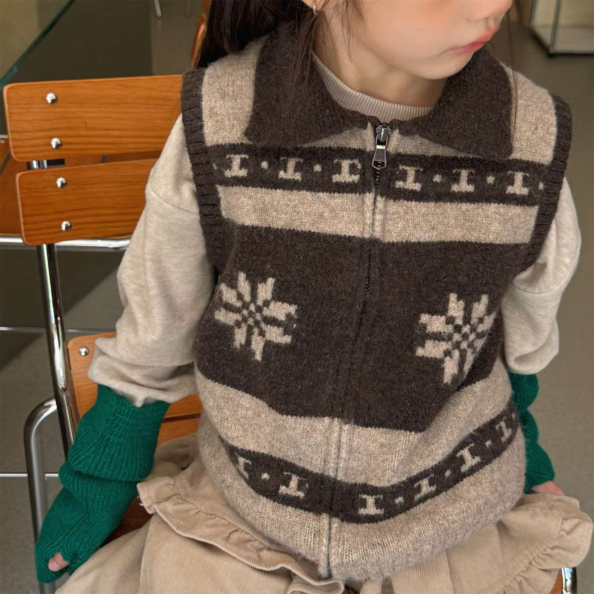 ニットベスト ジップアップ ノルディック柄 ノースリーブ トップス【mh0011429】