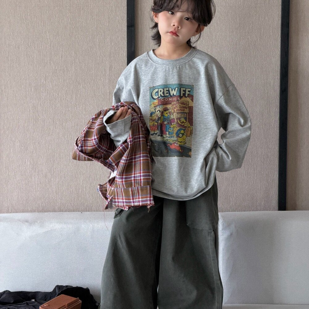 Camisa de manga larga con corte irregular, estampado a cuadros, camiseta de manga larga con letras estampadas y pantalón cargo para niños y jóvenes 【mh0014438】