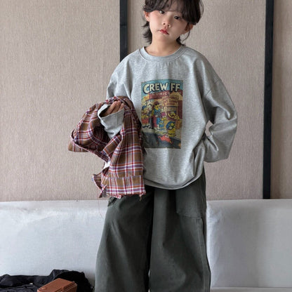 Camisa de manga larga con corte irregular, estampado a cuadros, camiseta de manga larga con letras estampadas y pantalón cargo para niños y jóvenes 【mh0014438】