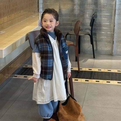 -チェック柄ベスト 裏ボア デニムポケット 中綿入り アウター【mh0011418】 - mamahalo shop - ベスト -  べビー服 - 子供服 - 男の子 - 女の子