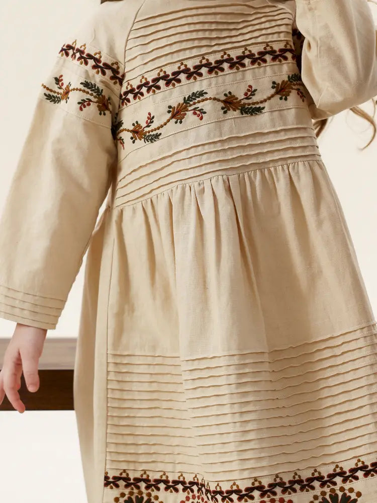 -長袖ワンピース 麻混素材 刺繍 ボヘミアン ギャザー フレア 森ガール【mh0011303】 - mamahalo shop - 長袖ワンピース -  べビー服 - 子供服 - 男の子 - 女の子