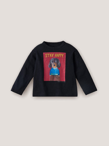 黒のキッズ長袖Tシャツ、四角い犬プリントと「STAY HAPPY」