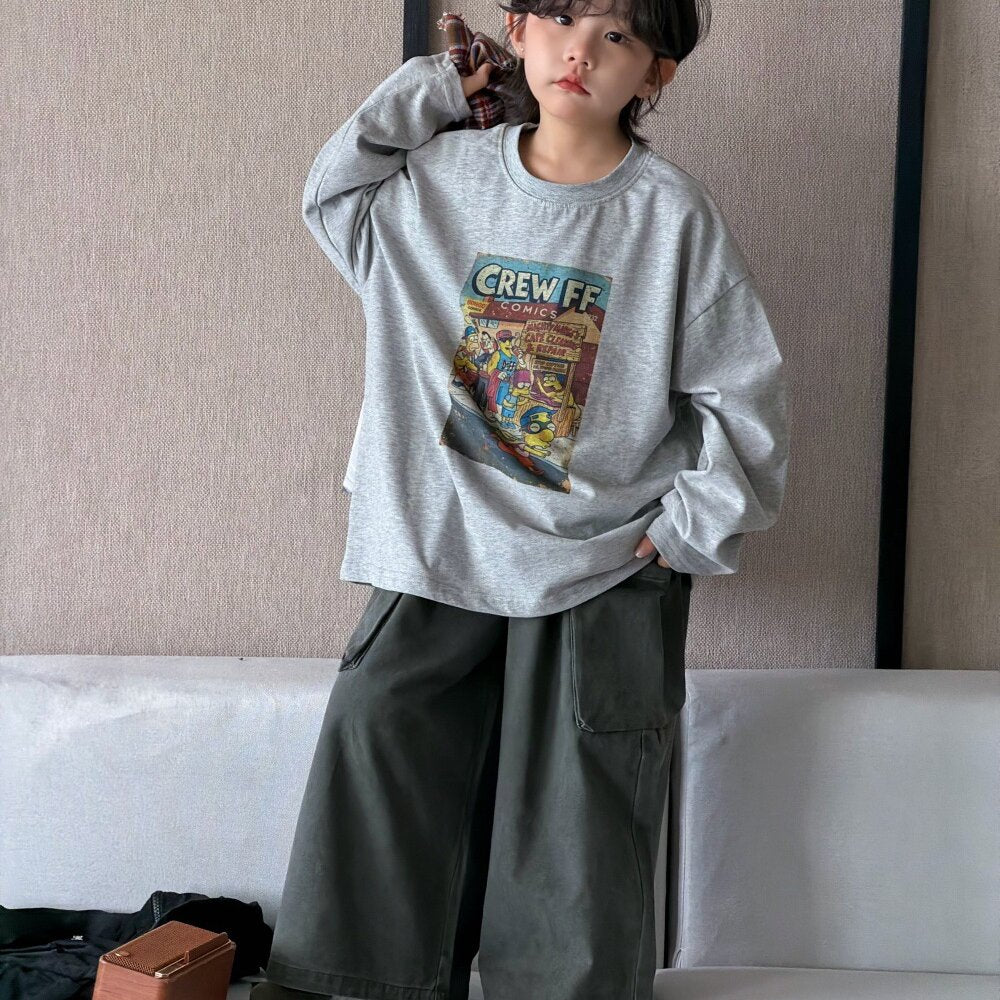 Camisa de manga larga con corte irregular, estampado a cuadros, camiseta de manga larga con letras estampadas y pantalón cargo para niños y jóvenes 【mh0014438】