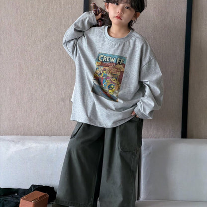 Camisa de manga larga con corte irregular, estampado a cuadros, camiseta de manga larga con letras estampadas y pantalón cargo para niños y jóvenes 【mh0014438】