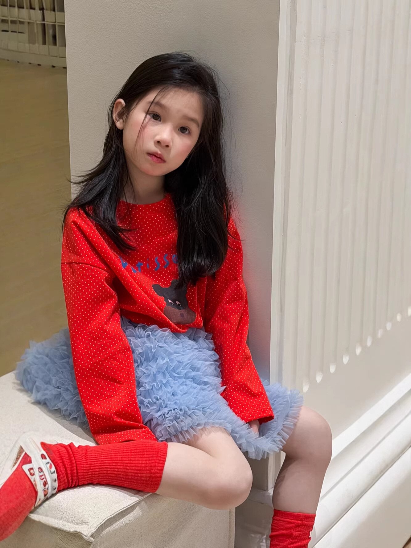 Polka Dot Cartoon Letter T-Shirt ドット柄キャラクター長袖Tシャツ【mh0012106】