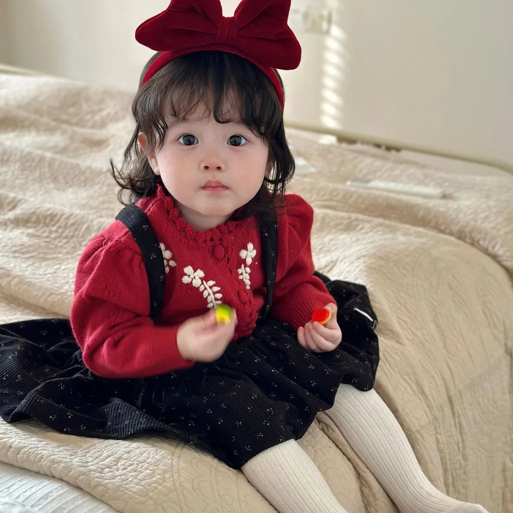 -フラワー刺繍ニットフリルカーディガン / サスペンダースカート【mh0011171】 - mamahalo shop - 長袖セットアップ -  べビー服 - 子供服 - 男の子 - 女の子