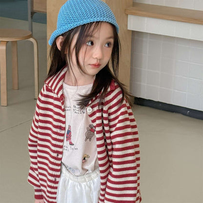 ボーダーニットカーディガン 襟付き 長袖 ボタン開閉 トップス【mh0011431】