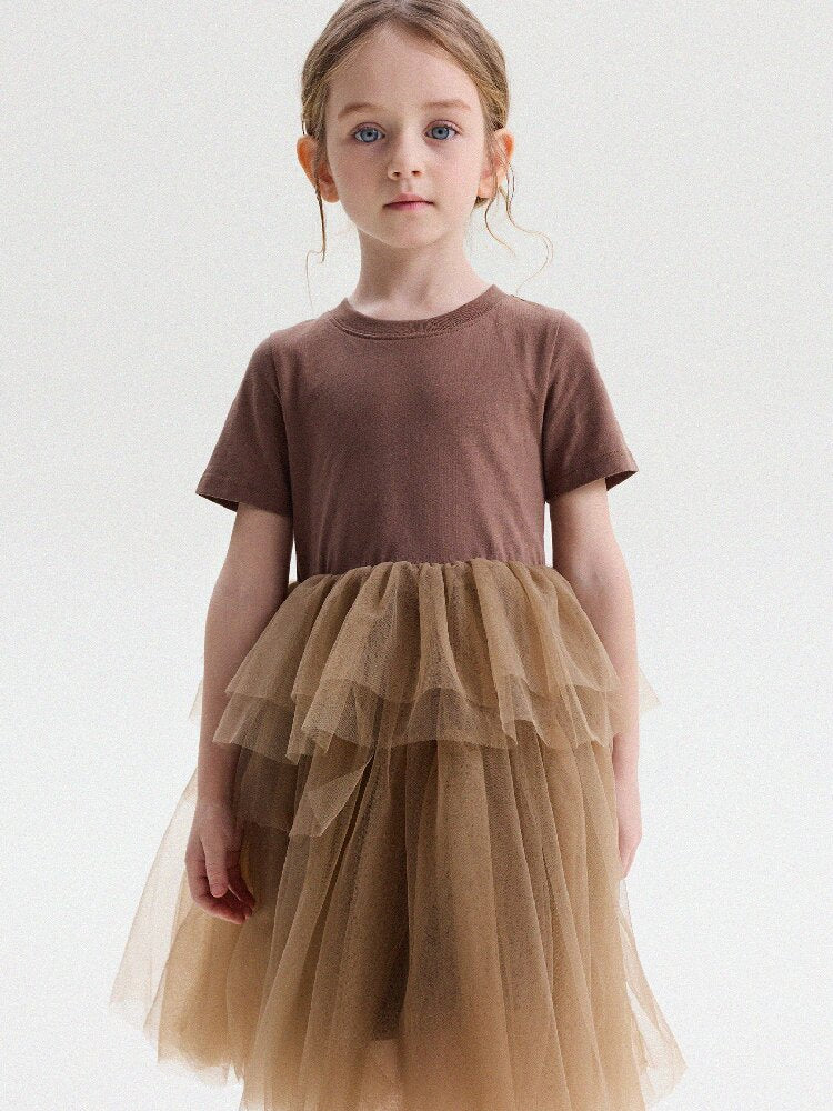 Short Sleeve Tiered Tulle Dress ドッキング 半袖ワンピース【mh0013183】