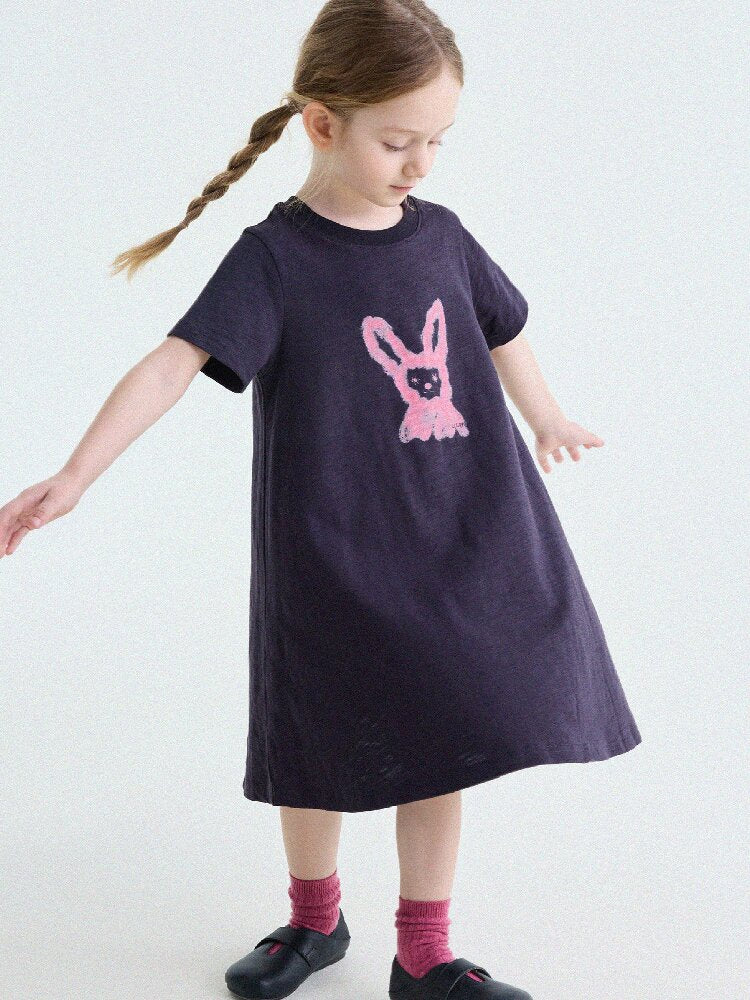 Rabbit Print A-line T-shirt Dress Aライン 半袖ワンピース【mh0013189】