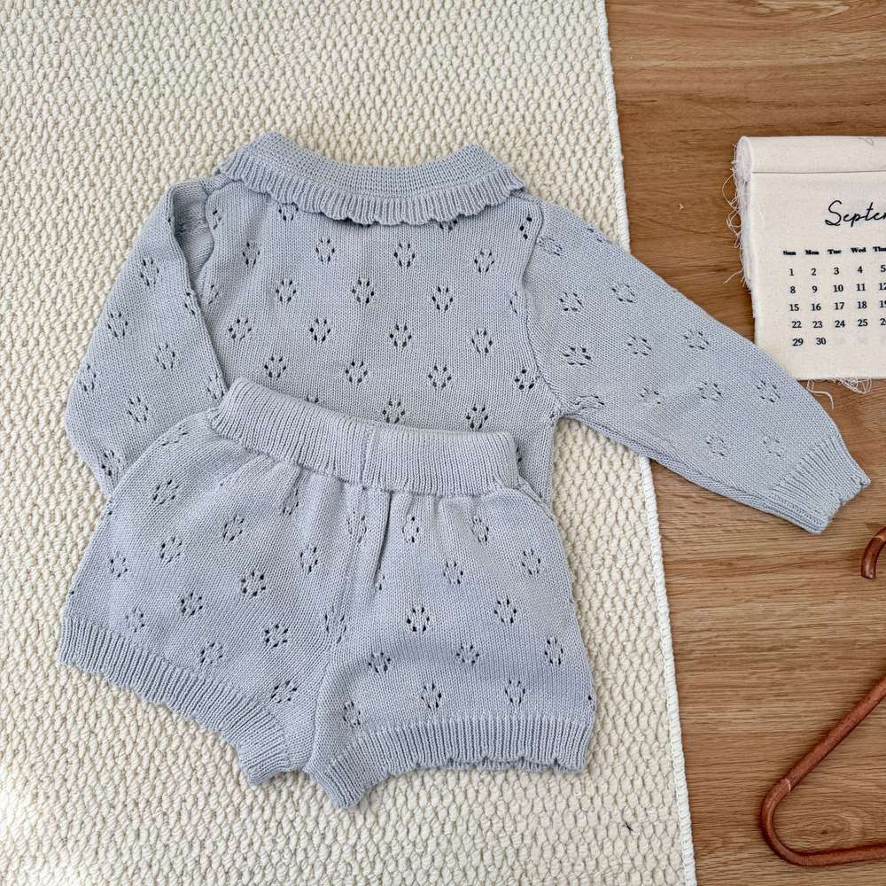 長袖ニットトップス+ショートパンツ 透かし編み レース襟付き セットアップ 2点セット【mh0011511】