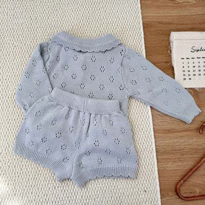 長袖ニットトップス+ショートパンツ 透かし編み レース襟付き セットアップ 2点セット【mh0011511】