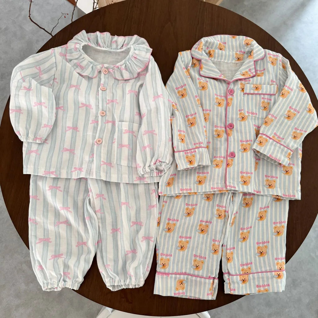 -ストライプくま/リボンプリント長袖パジャマセットアップ 2点セット【mh0011232】 - mamahalo shop - 長袖パジャマ -  べビー服 - 子供服 - 男の子 - 女の子