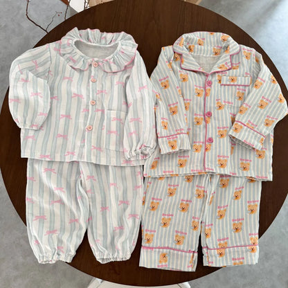 -ストライプくま/リボンプリント長袖パジャマセットアップ 2点セット【mh0011232】 - mamahalo shop - 長袖パジャマ -  べビー服 - 子供服 - 男の子 - 女の子