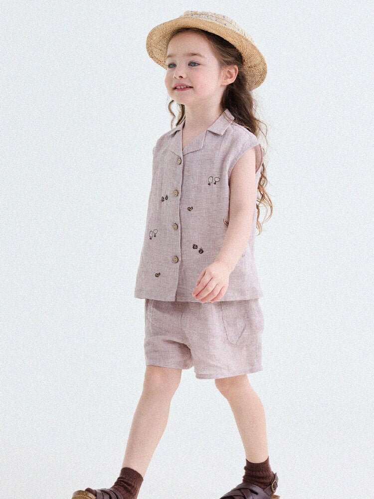 Embroidered Linen Sleeveless Shirt Shorts フルーツ刺繍 ノースリーブシャツ ショートパンツ【mh0013187】
